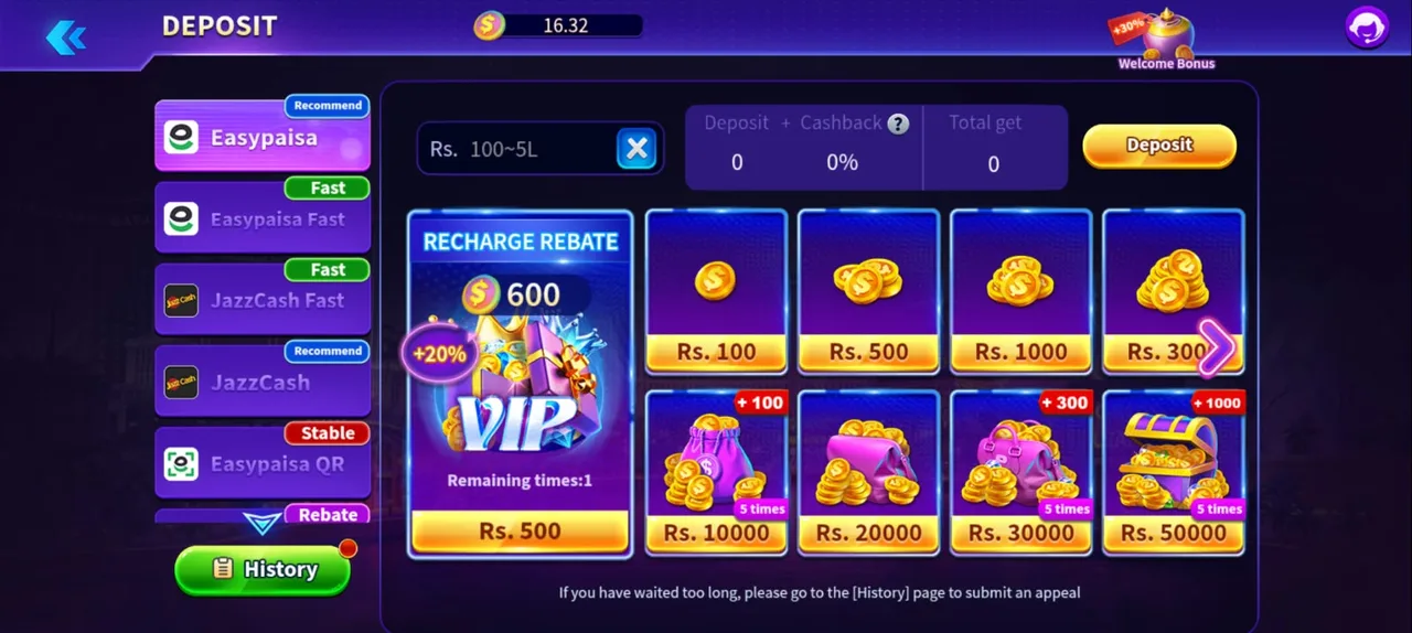 2fun bet deposit page showing Easypaisa, JazzCash Fast and recharge rebate amounts for Pakistan players