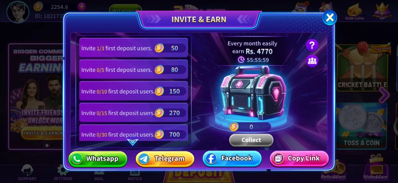 2fun bet invite and earn screen showing referral milestones and Whatsapp, Telegram and Facebook share buttons