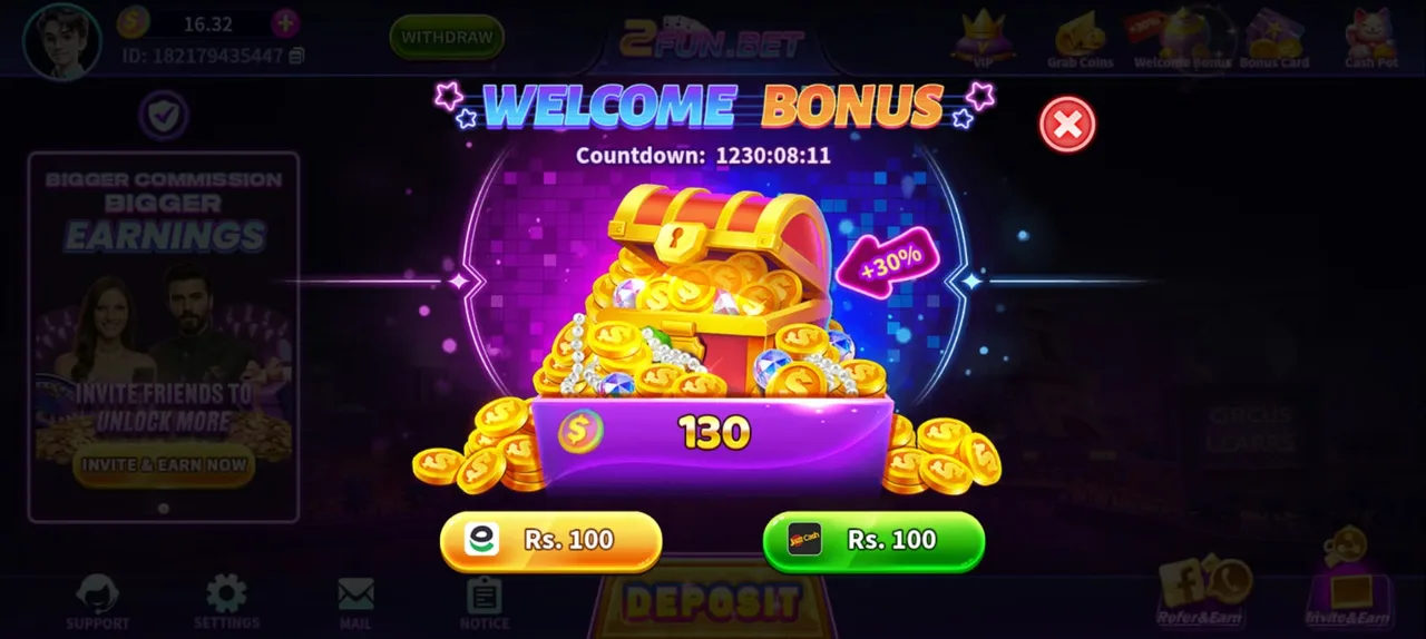 2fun bet welcome bonus screen with countdown timer and Rs. 100 Easypaisa and JazzCash deposit options